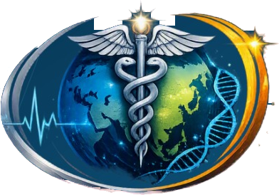 IEJMS emblem: a caduceus over a globe with an ECG line and DNA helix, framed by a silver and gold ring